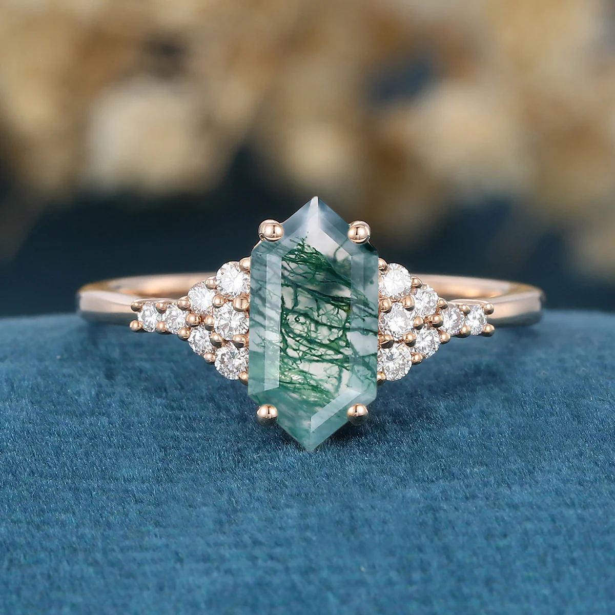Long Hexagon cut Moss Agate Matching Moissanite | Diamonds Gold Engagement Ring - Image 9