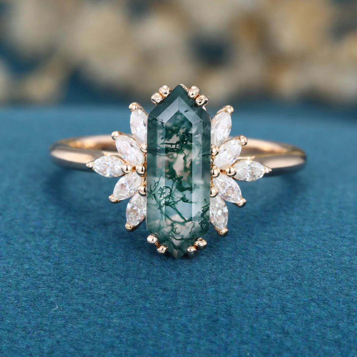 Long Hexagon cut Moss Agate Solid Gold Engagement Ring - Image 7