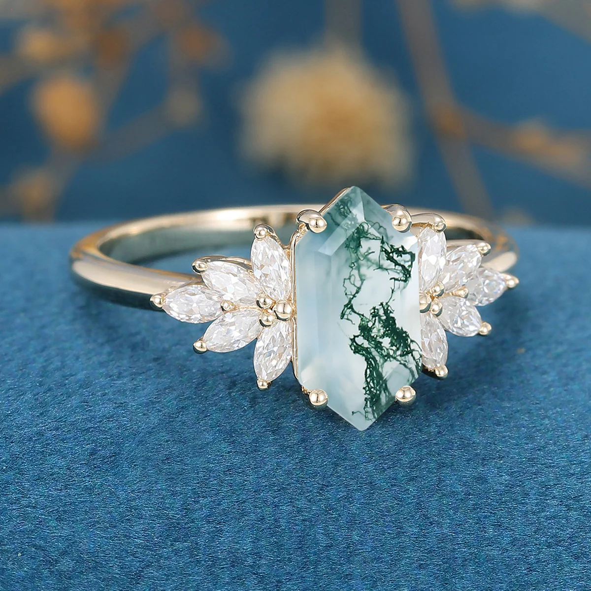 1.0 Carat Long Hexagon Cut Natural Green Moss Agate Cluster Engagement Ring - Image 4