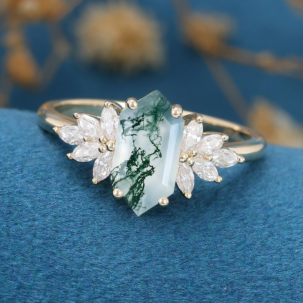 1.0 Carat Long Hexagon Cut Natural Green Moss Agate Cluster Engagement Ring - Image 6