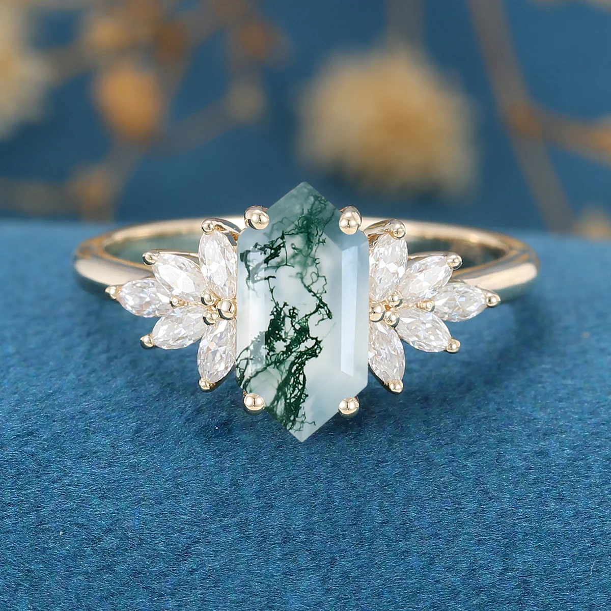 1.0 Carat Long Hexagon Cut Natural Green Moss Agate Cluster Engagement Ring - Image 7