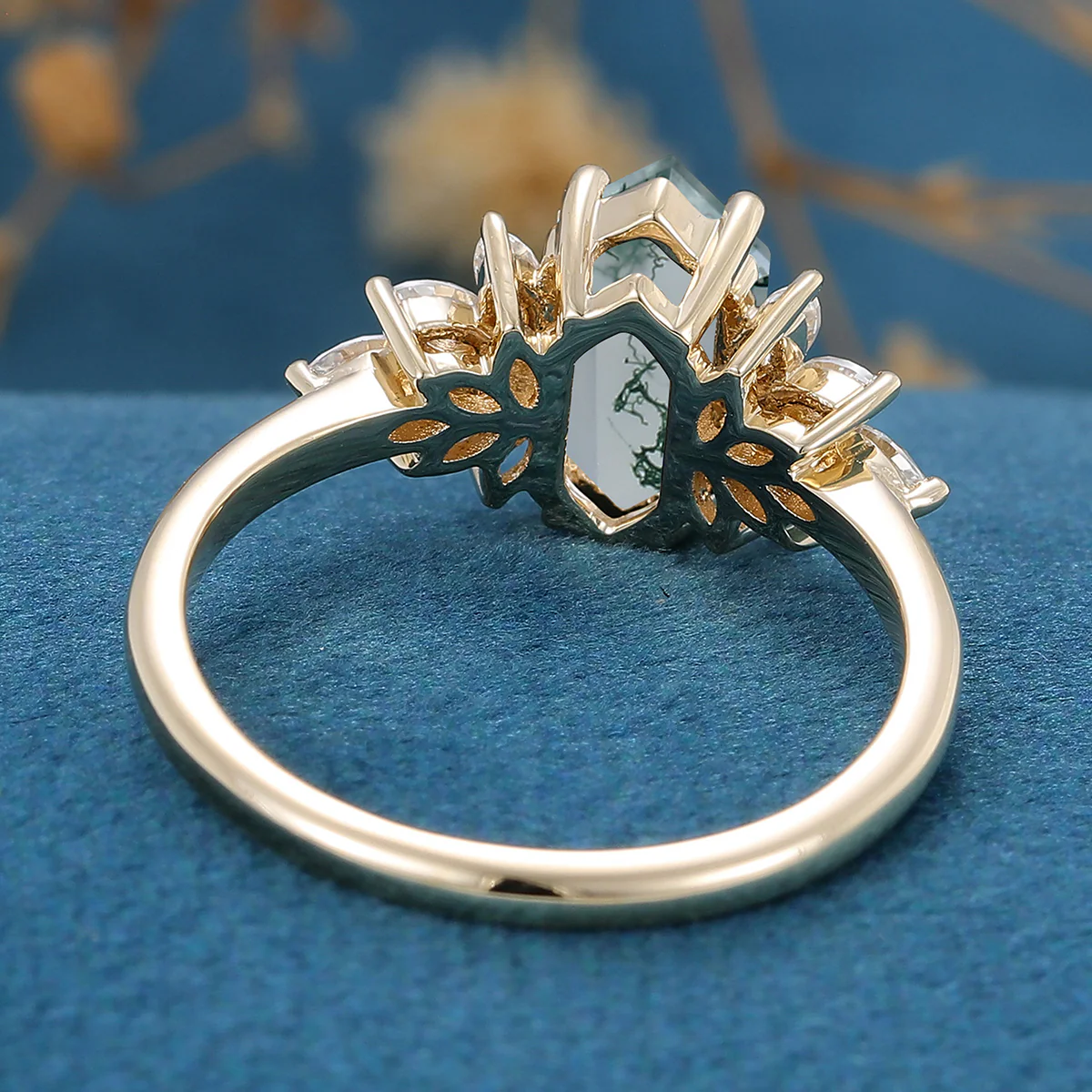 1.0 Carat Long Hexagon Cut Natural Green Moss Agate Cluster Engagement Ring - Image 8