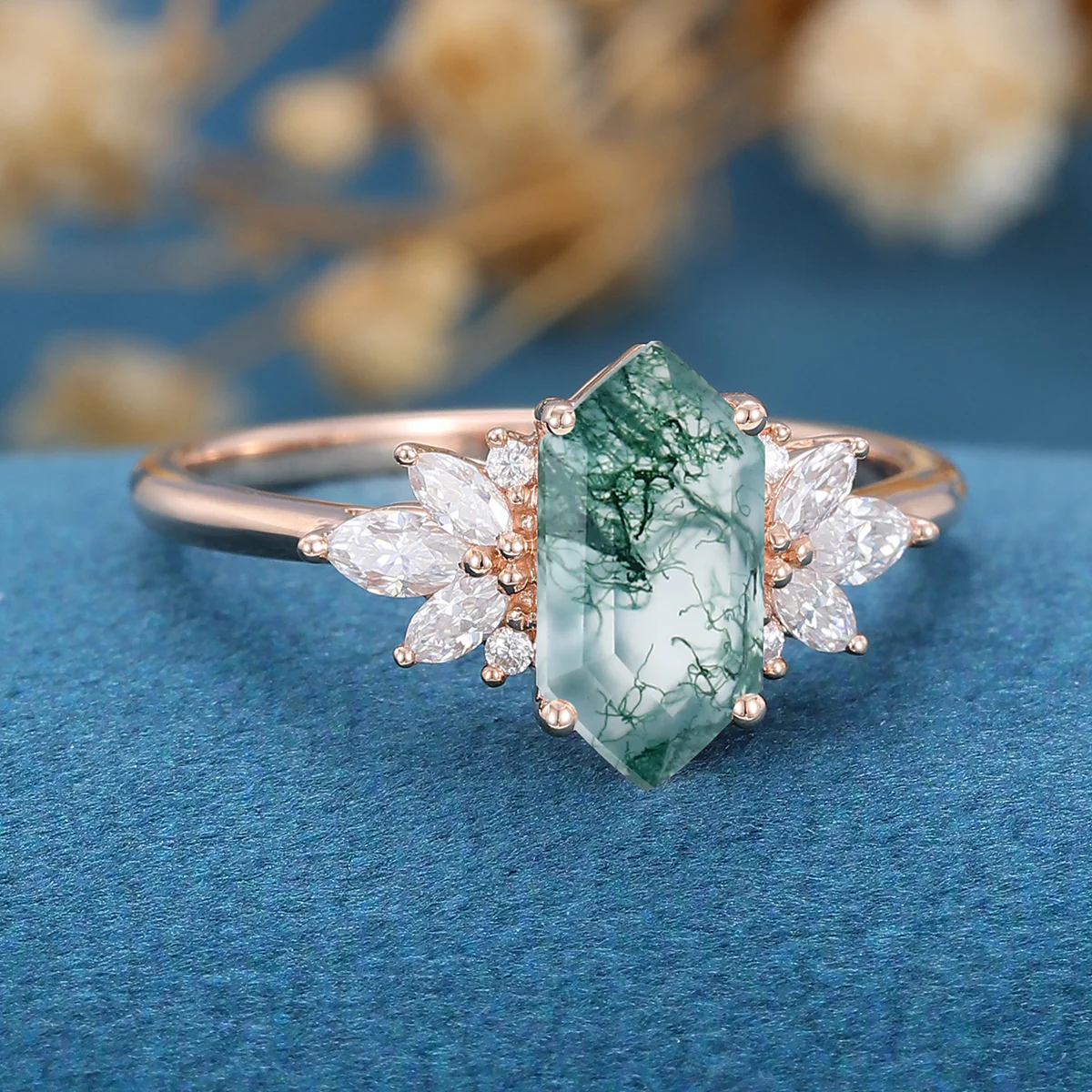 Long Hexagon Cut Natural Green Moss Agate Cluster Engagement Ring - Image 4