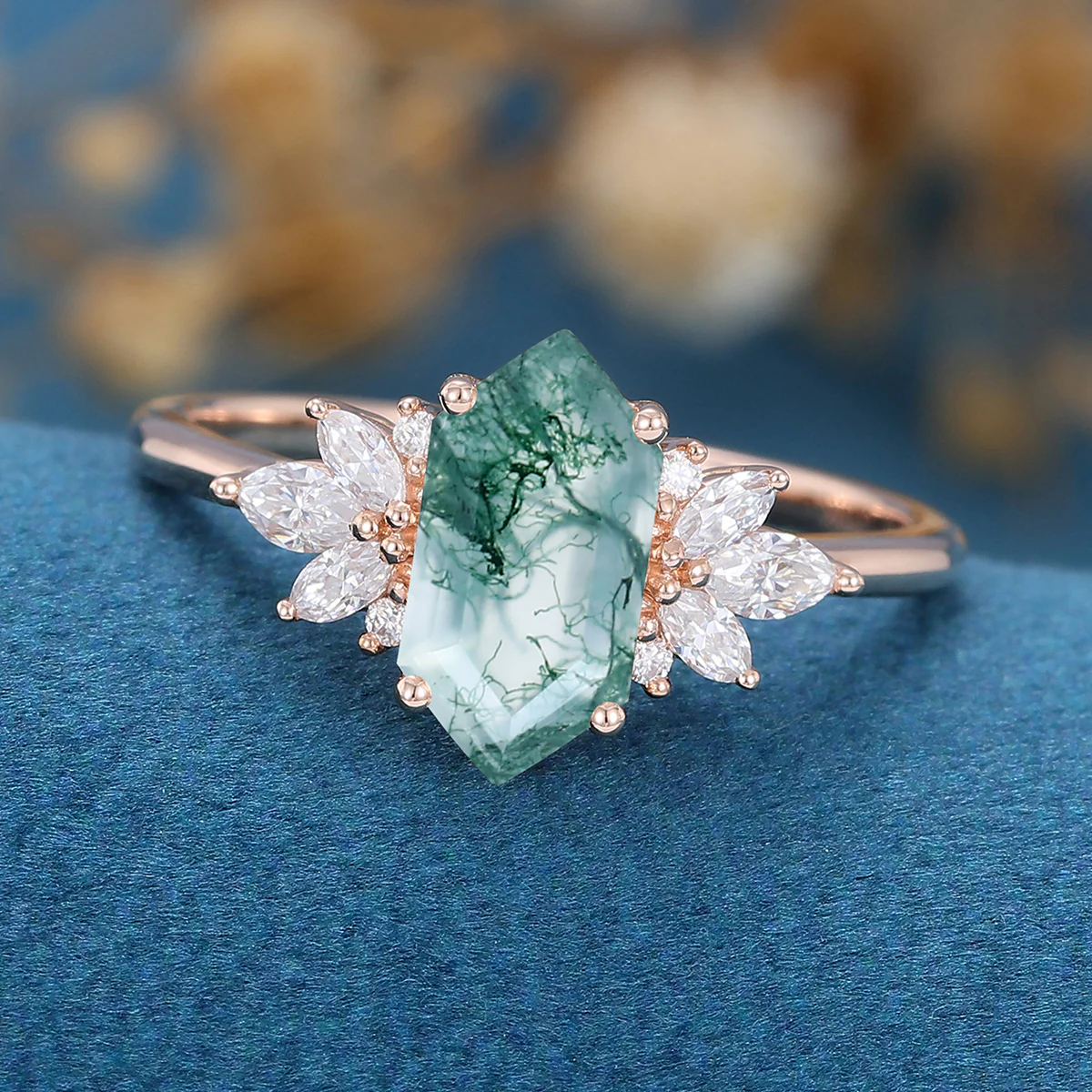 Long Hexagon Cut Natural Green Moss Agate Cluster Engagement Ring - Image 5