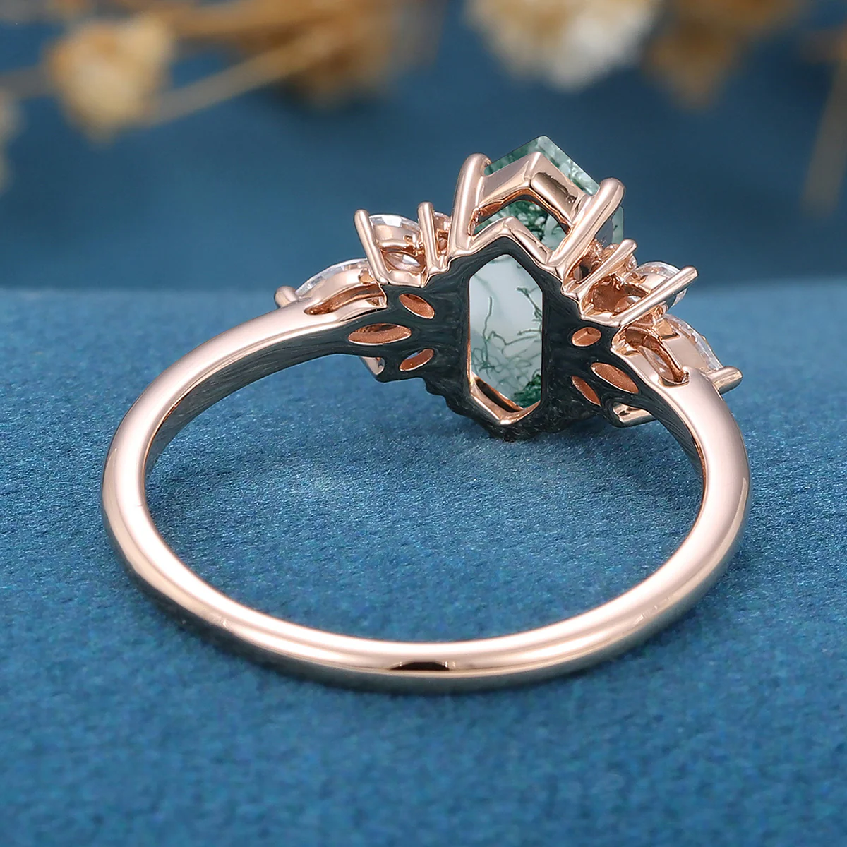 Long Hexagon Cut Natural Green Moss Agate Cluster Engagement Ring - Image 6