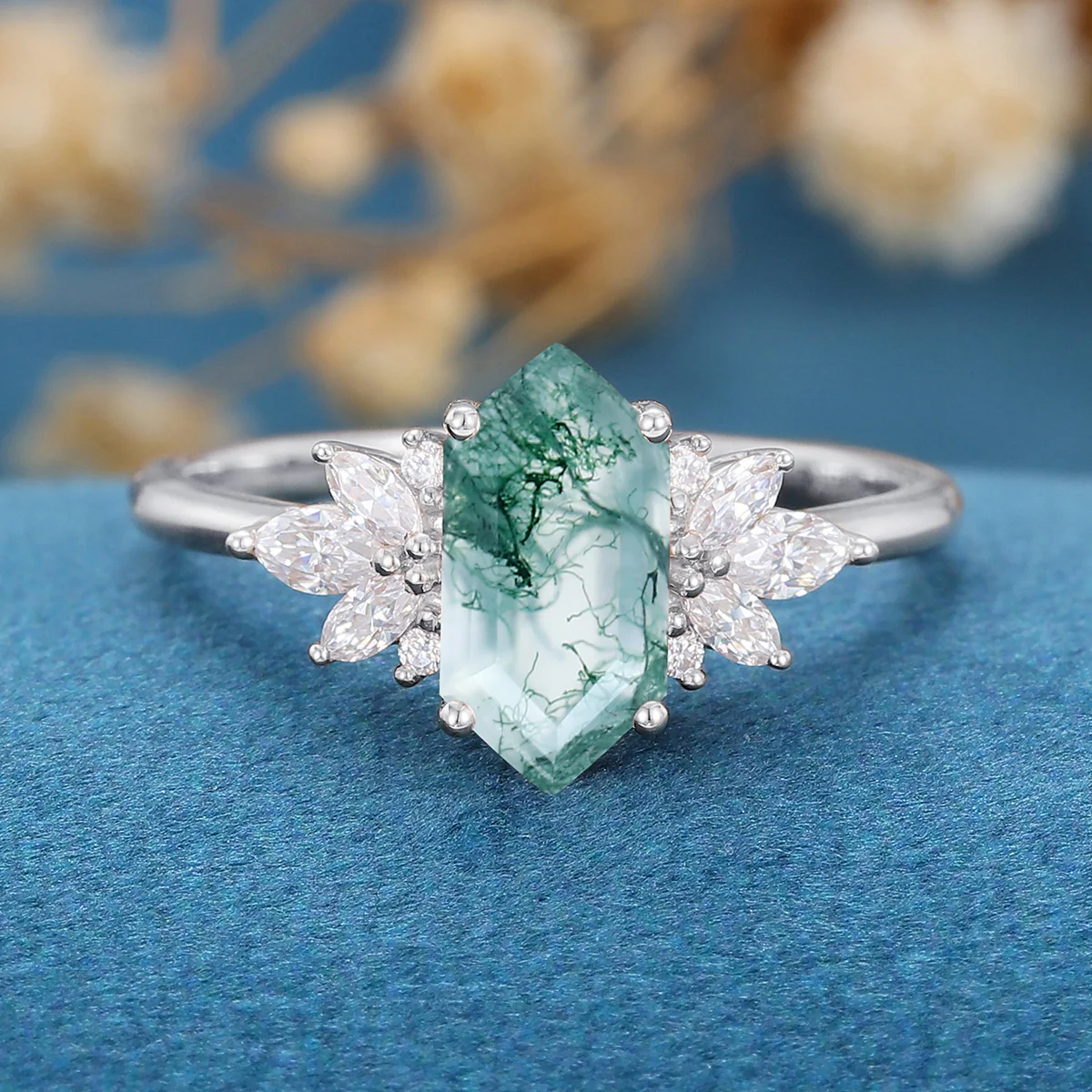 Long Hexagon Cut Natural Green Moss Agate Cluster Engagement Ring - Image 7