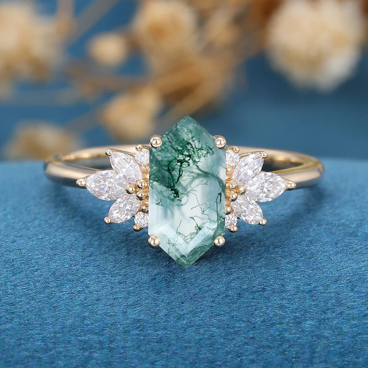 Long Hexagon Cut Natural Green Moss Agate Cluster Engagement Ring - Image 8
