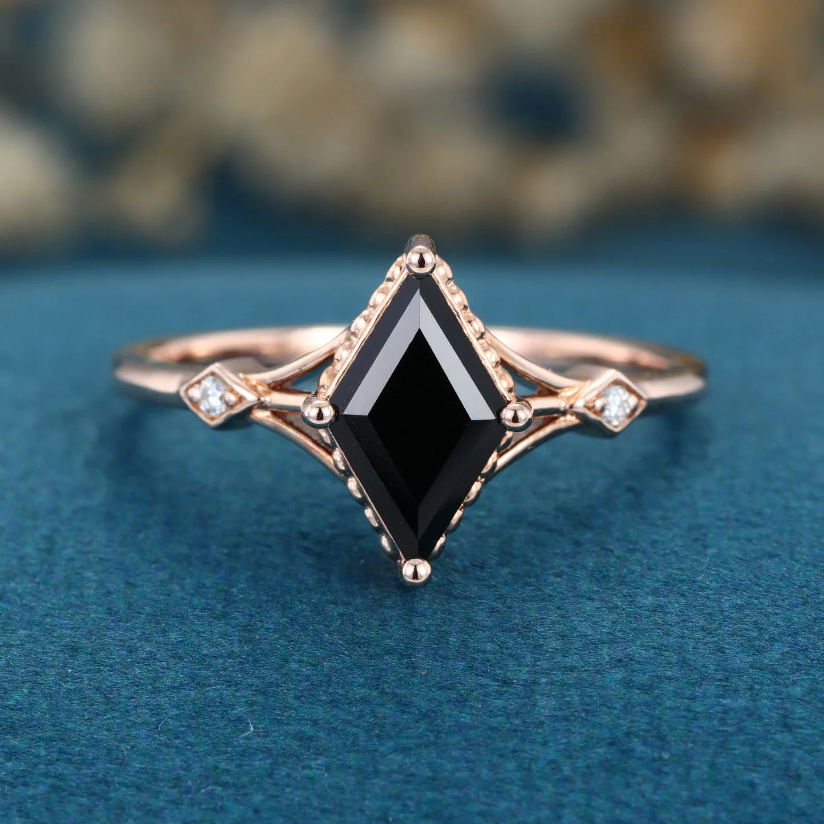 Lozenge cut Black Onyx Solid Gold Engagement Ring - Image 3