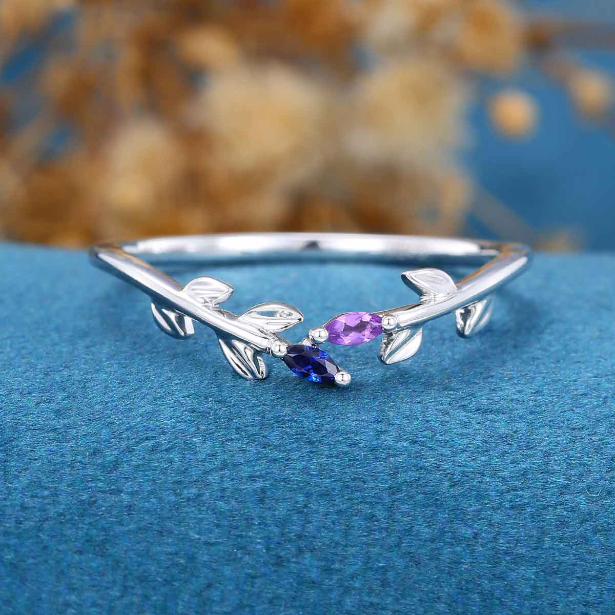 Marquise cut Amethyst | Natural Sapphire leaf Curved Wedding Band