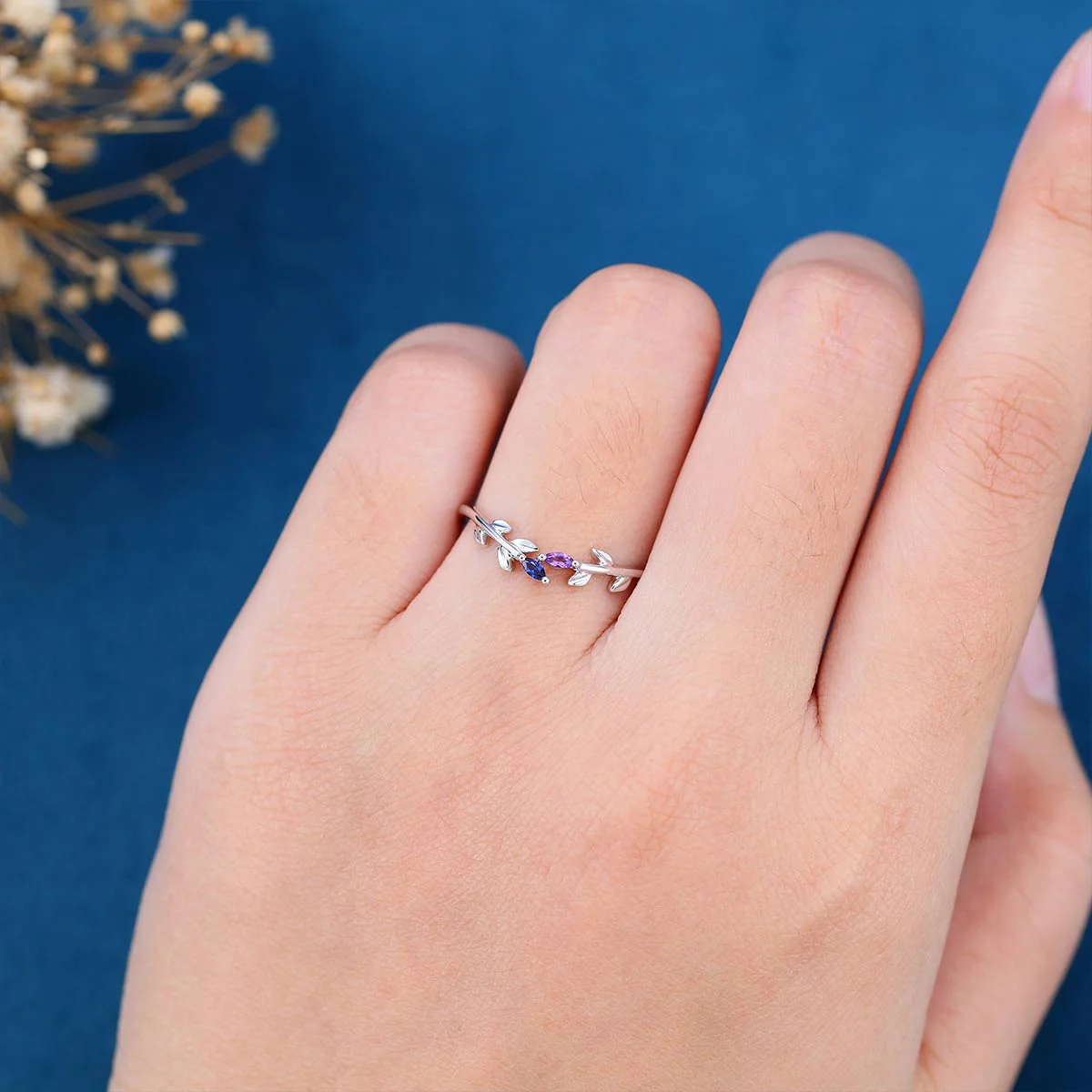 Marquise cut Amethyst | Natural Sapphire leaf Curved Wedding Band - Image 2