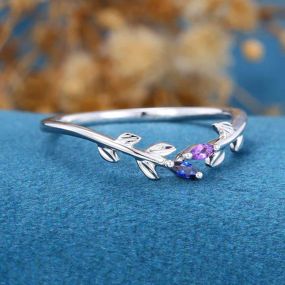 Marquise cut Amethyst | Natural Sapphire leaf Curved Wedding Band - Image 3