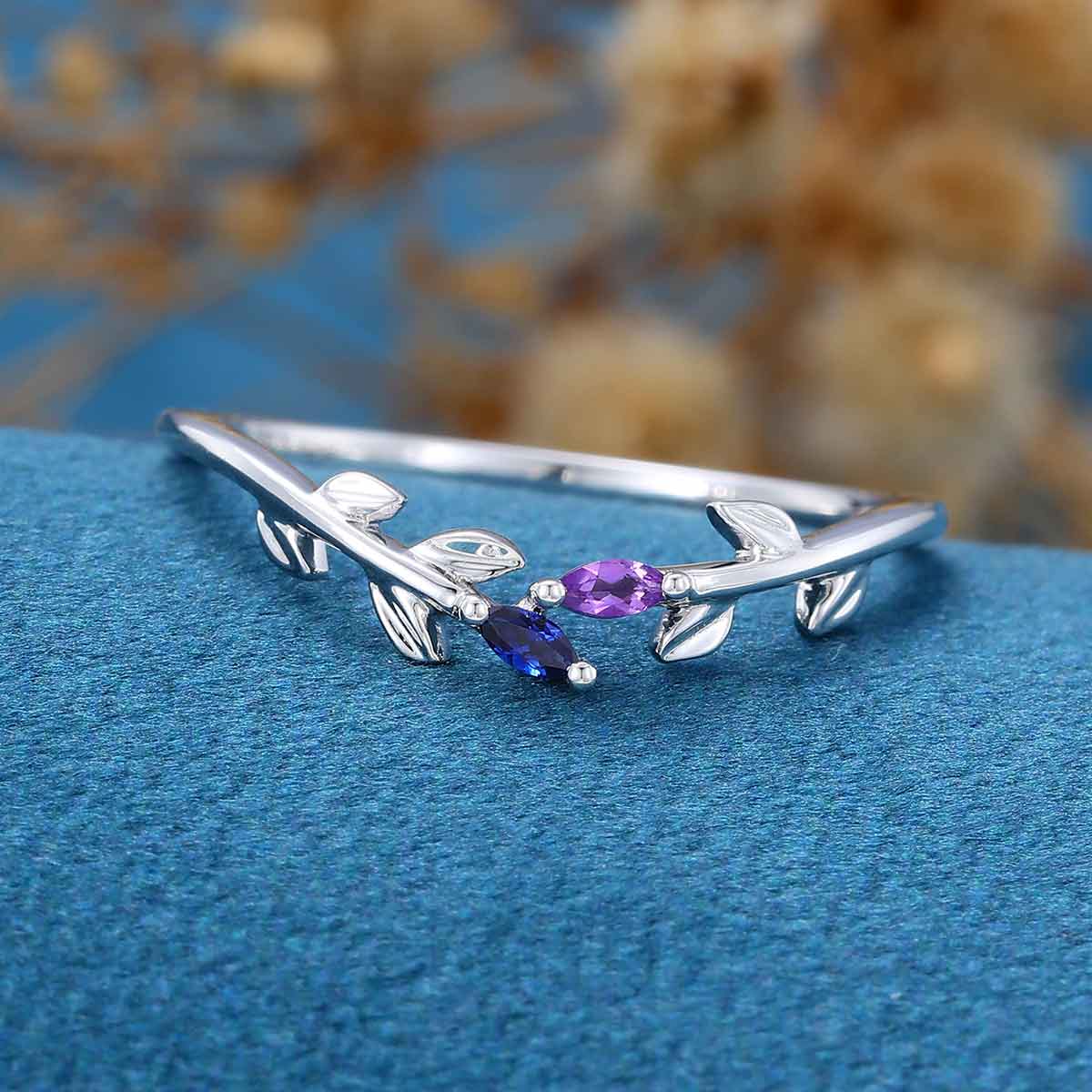 Marquise cut Amethyst | Natural Sapphire leaf Curved Wedding Band - Image 4