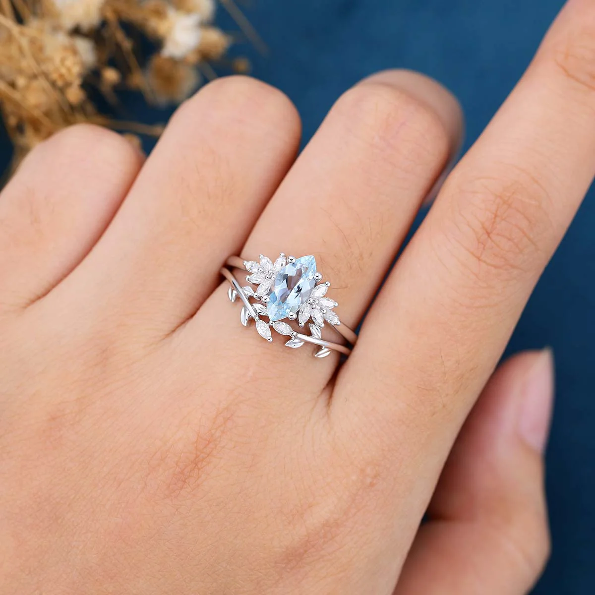 Marquise cut Aquamarine Cluste Engagement ring Bridal Set - Image 3