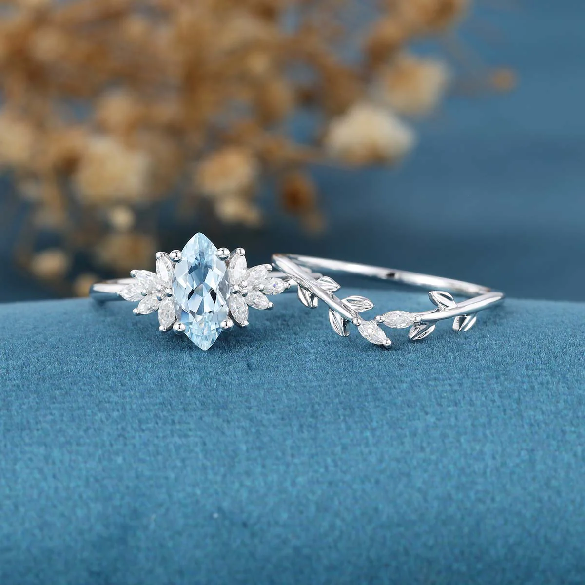 Marquise cut Aquamarine Cluste Engagement ring Bridal Set - Image 4