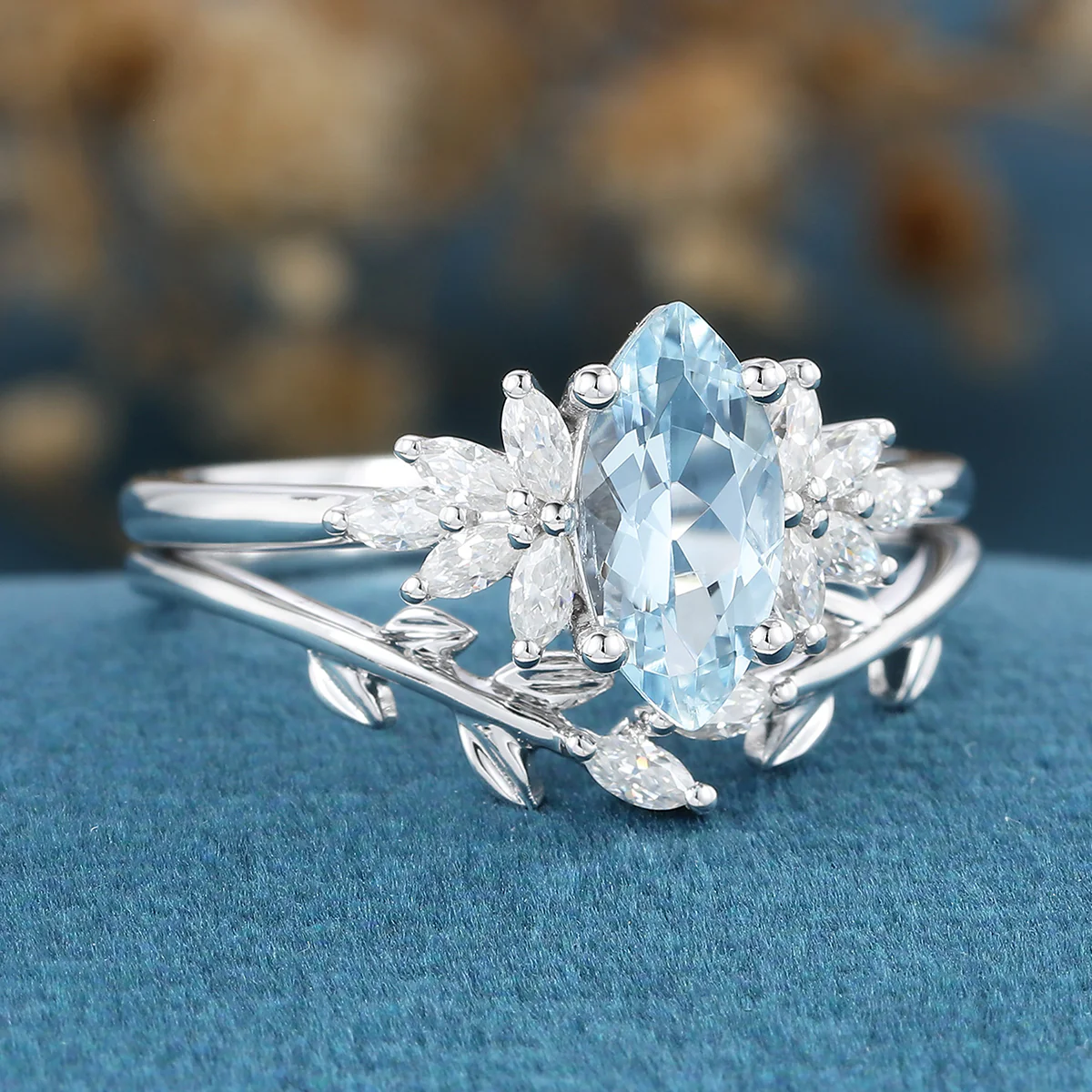 Marquise cut Aquamarine Cluste Engagement ring Bridal Set - Image 5