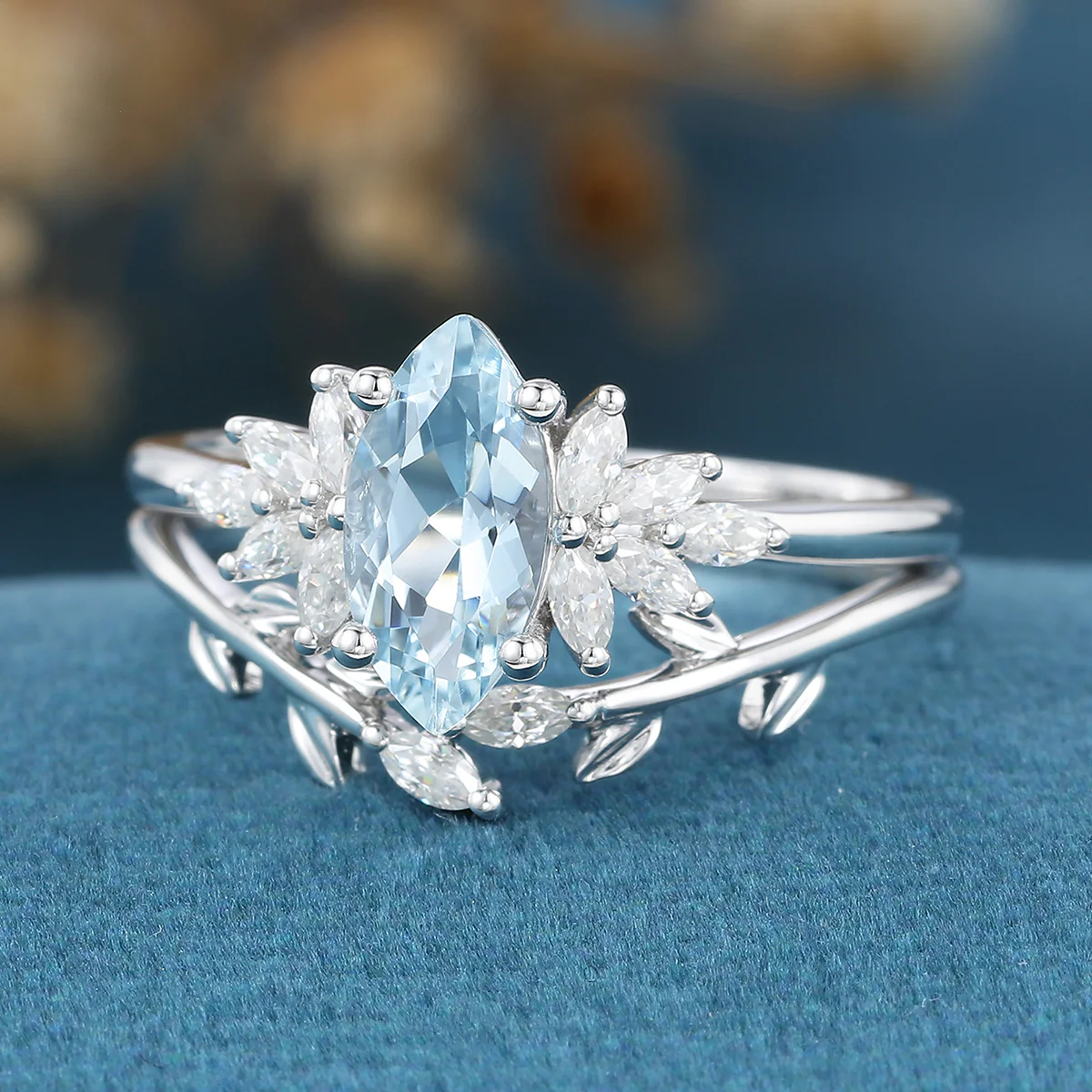 Marquise cut Aquamarine Cluste Engagement ring Bridal Set - Image 6