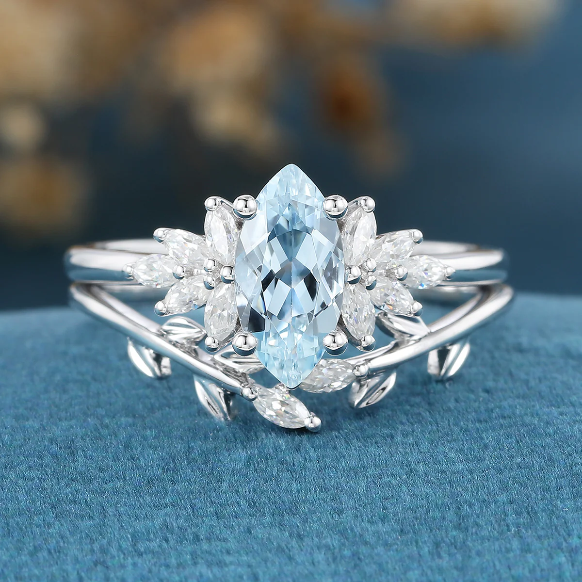 Marquise cut Aquamarine Cluste Engagement ring Bridal Set - Image 7