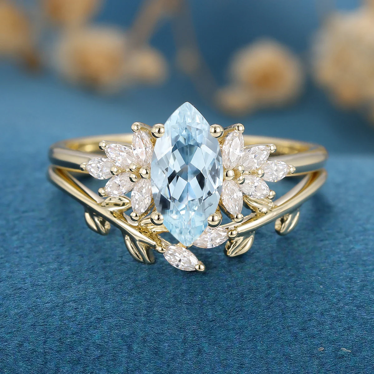 Marquise cut Aquamarine Cluste Engagement ring Bridal Set - Image 8