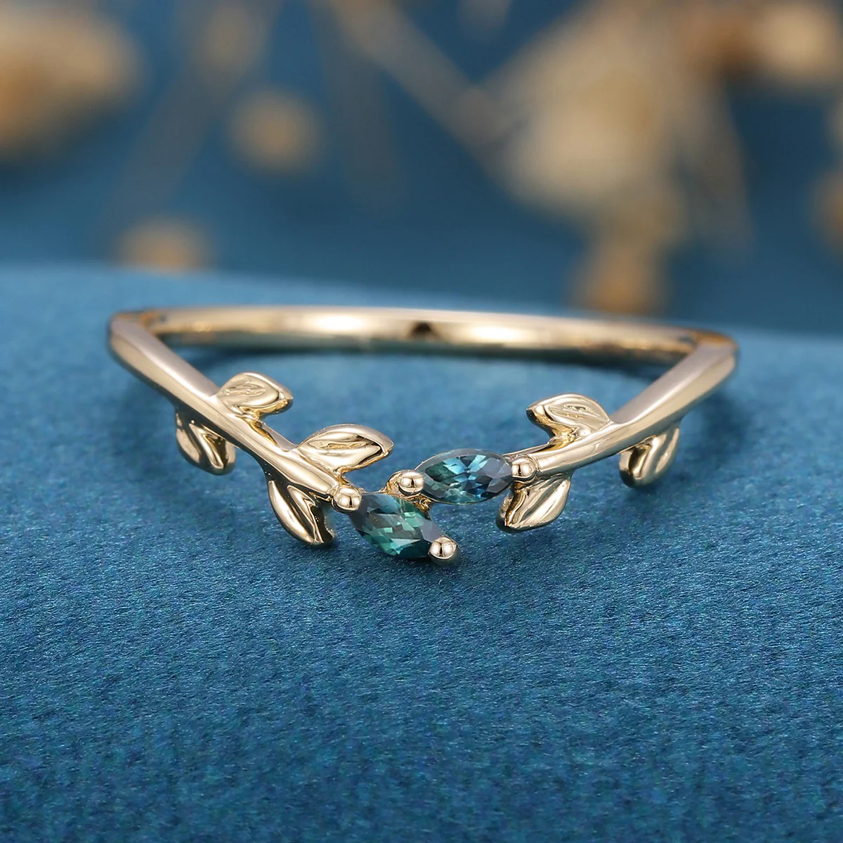 Marquise cut Lab Alexandrite leaf Curved Wedding Band Ring - Image 9