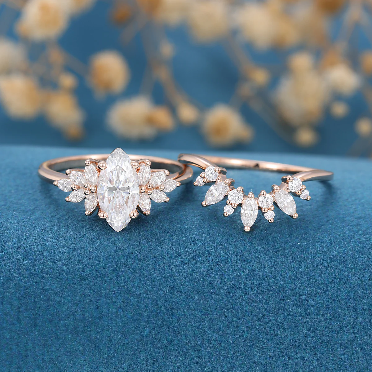 1 Carat Vintage Marquise cut Moissanite Cluster Engagement Ring Set - Image 3