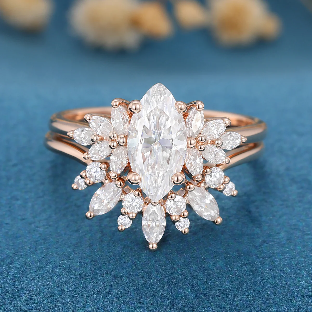 1 Carat Vintage Marquise cut Moissanite Cluster Engagement Ring Set - Image 4