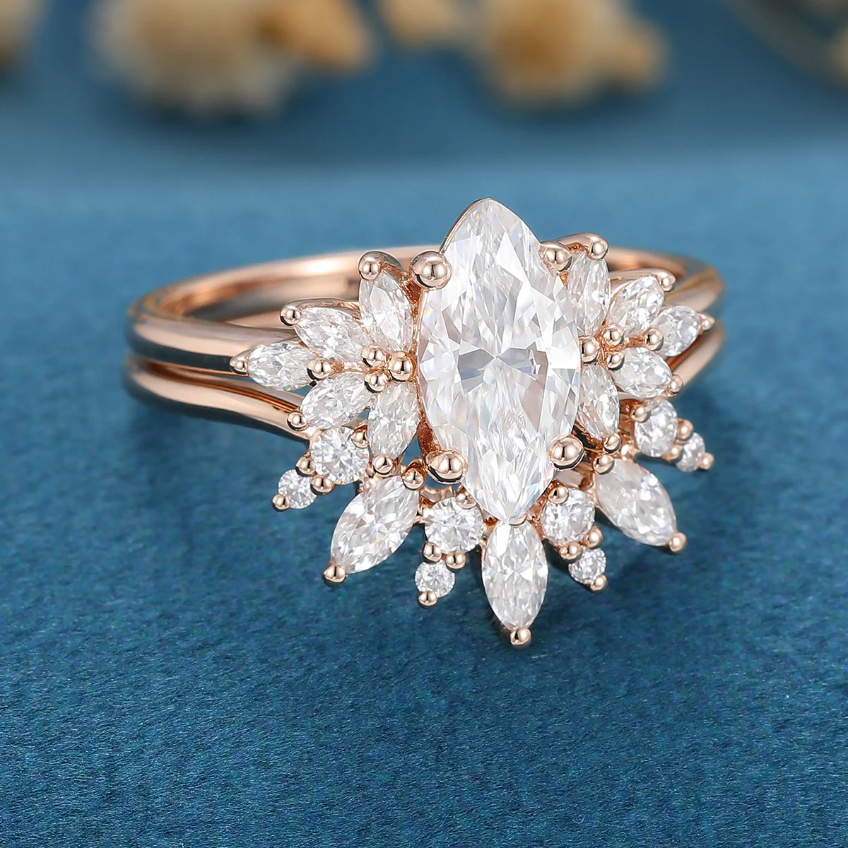 1 Carat Vintage Marquise cut Moissanite Cluster Engagement Ring Set - Image 5
