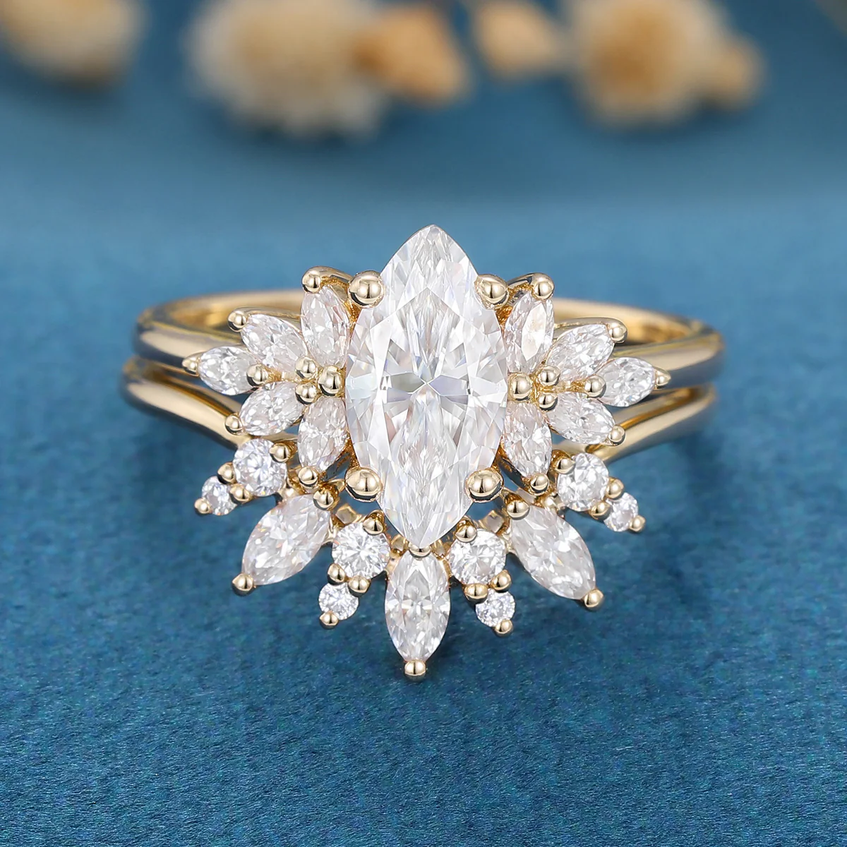 1 Carat Vintage Marquise cut Moissanite Cluster Engagement Ring Set - Image 6
