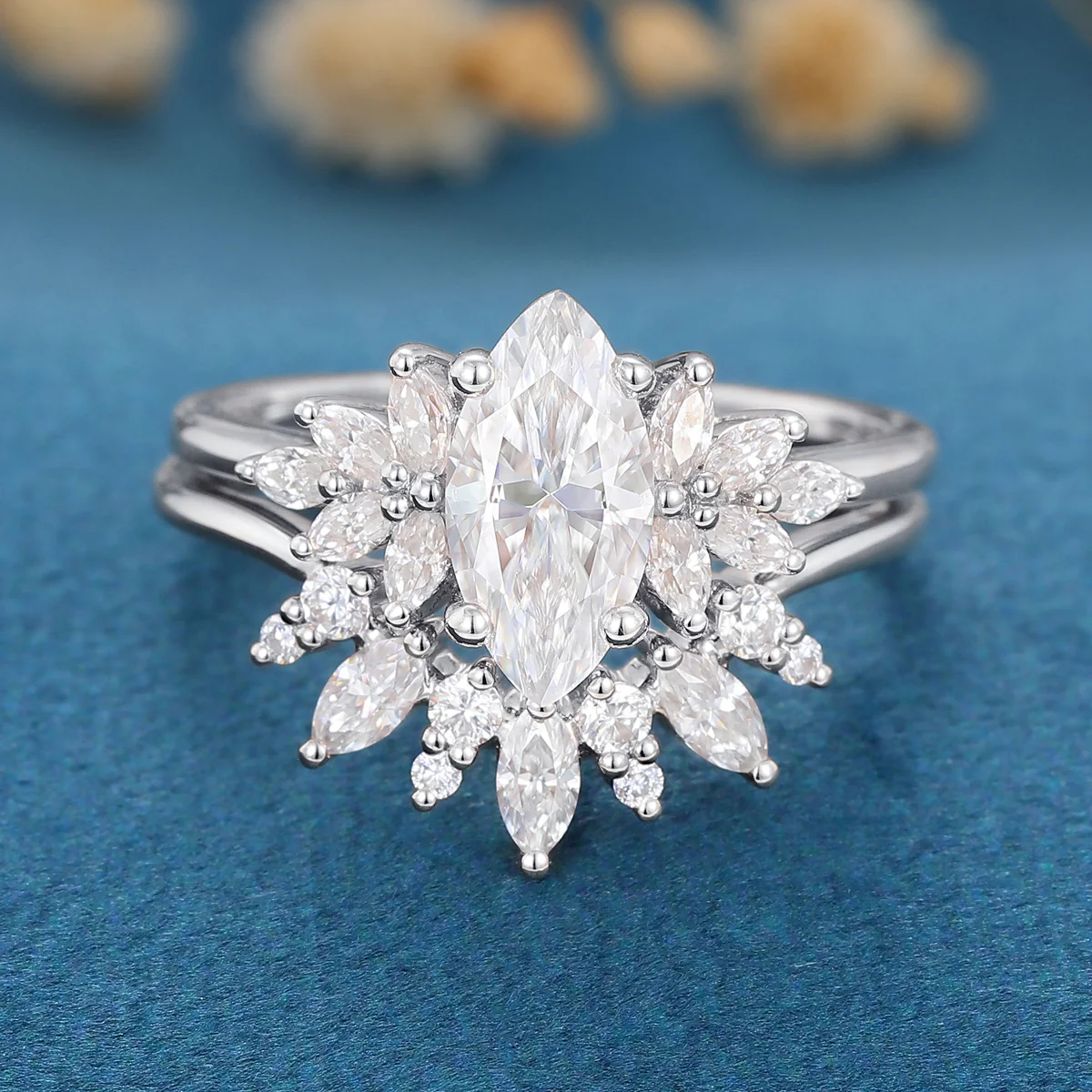 1 Carat Vintage Marquise cut Moissanite Cluster Engagement Ring Set - Image 7