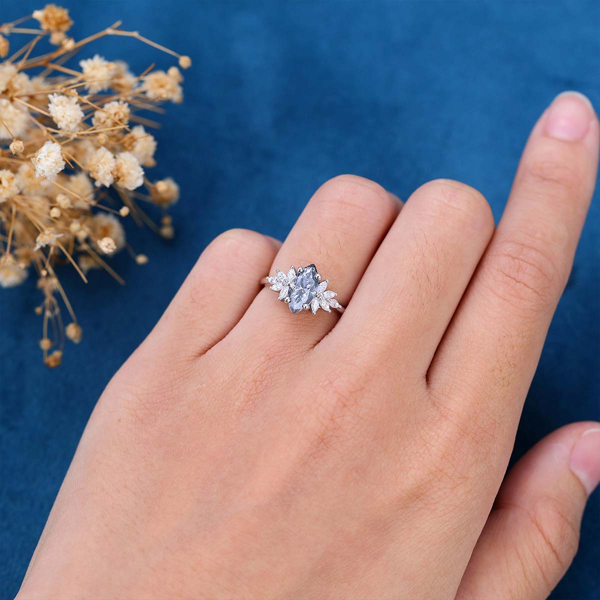 Marquise cut Gray Moissanite Cluster Engagement ring - Image 2