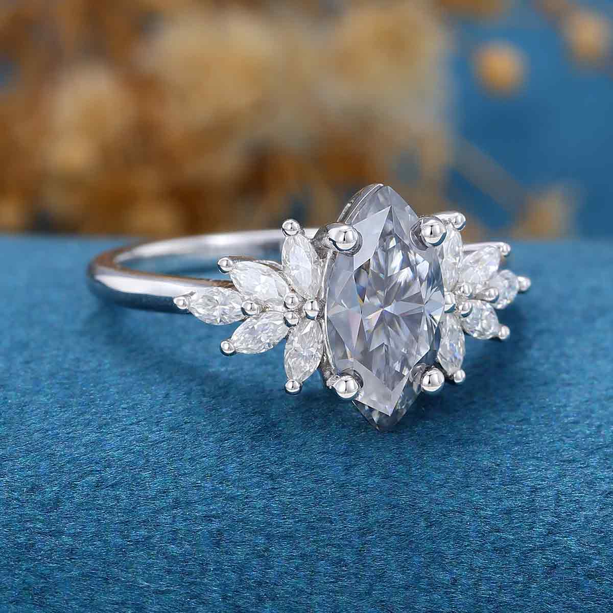 Marquise cut Gray Moissanite Cluster Engagement ring - Image 3