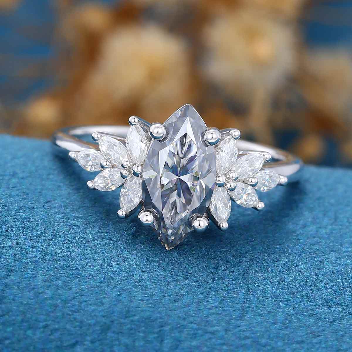 Marquise cut Gray Moissanite Cluster Engagement ring - Image 4
