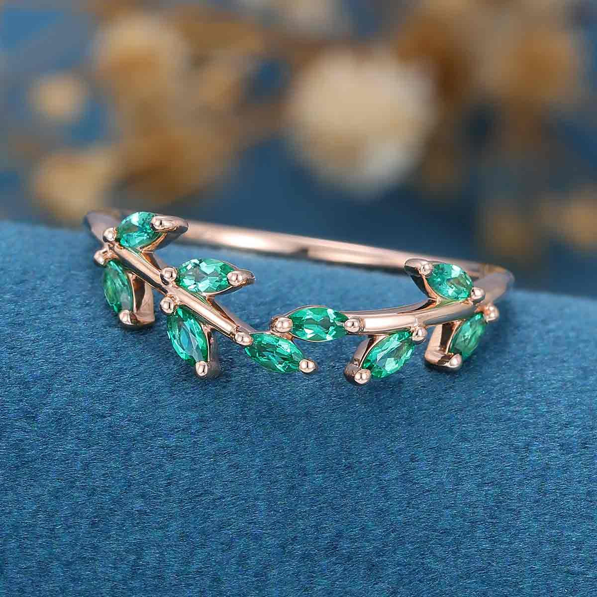 Marquise cut Lab Emerald Curved Wedding Band - Image 4