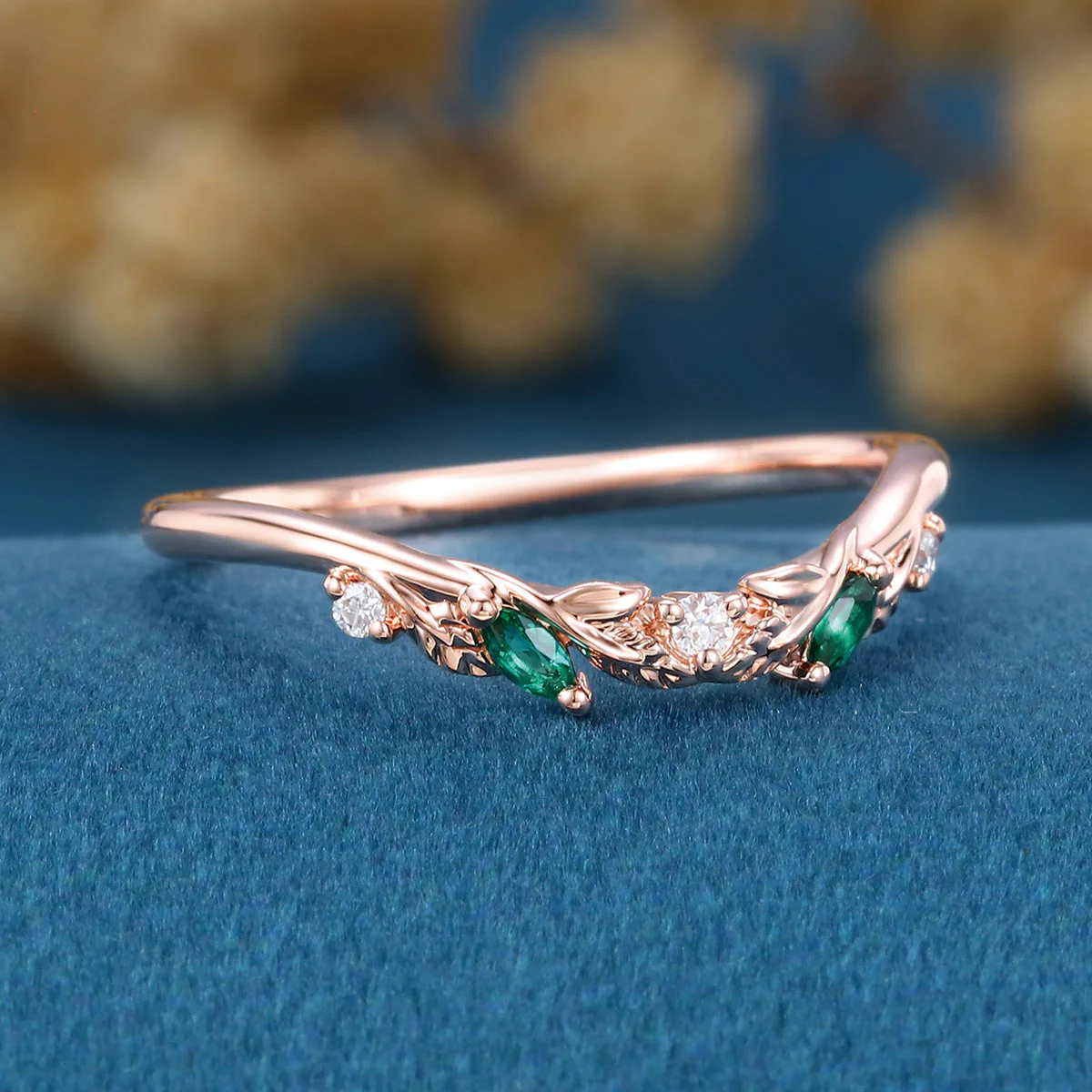 Marquise Cut Lab Emerald + Diamonds Curved Wedding Band - Image 4