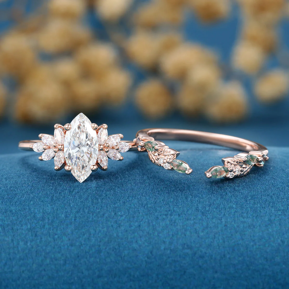 Marquise cut Lab grown Diamond  Engagement ring +Moss agate Wedding Bridal set - Image 3