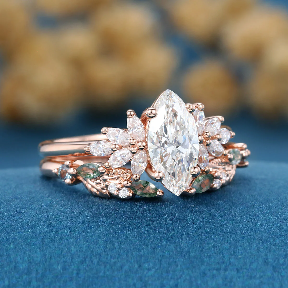 Marquise cut Lab grown Diamond  Engagement ring +Moss agate Wedding Bridal set - Image 4