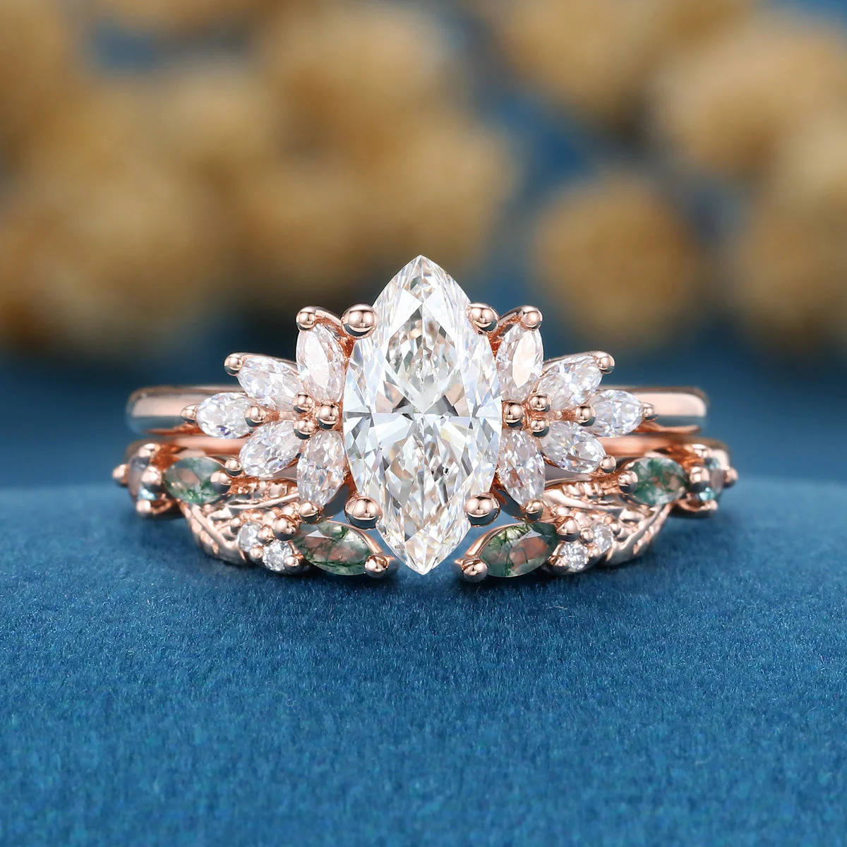 Marquise cut Lab grown Diamond  Engagement ring +Moss agate Wedding Bridal set - Image 5