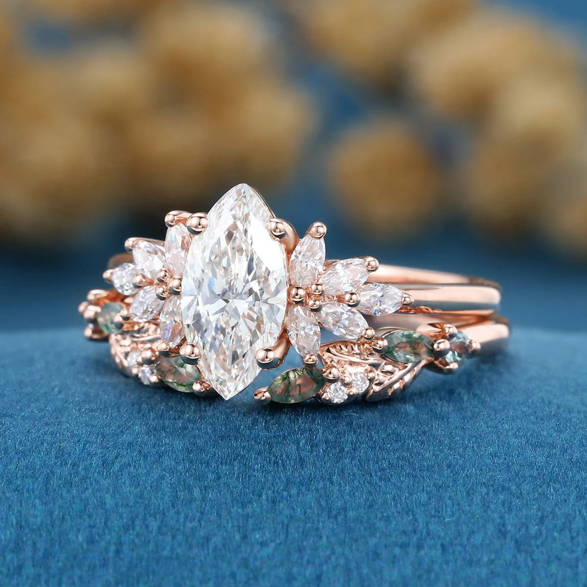 Marquise cut Lab grown Diamond  Engagement ring +Moss agate Wedding Bridal set - Image 6