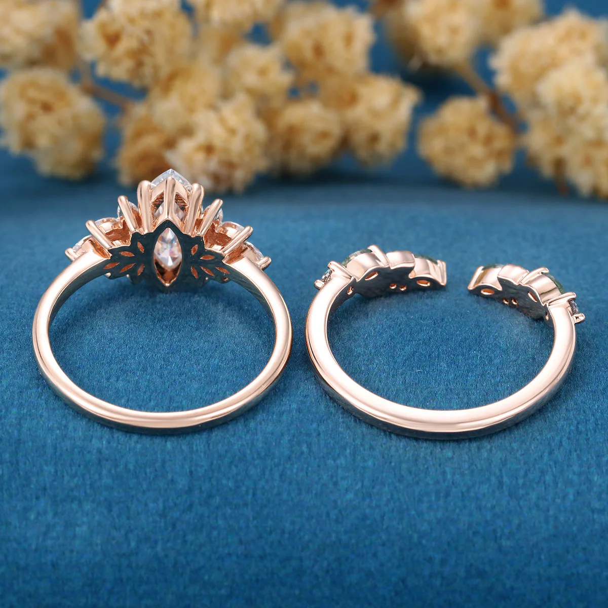 Marquise cut Lab grown Diamond  Engagement ring +Moss agate Wedding Bridal set - Image 7