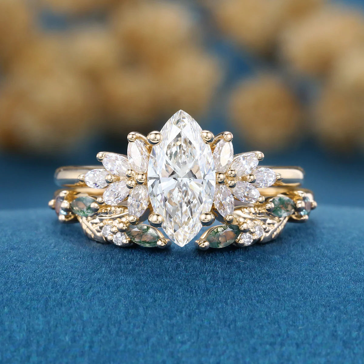 Marquise cut Lab grown Diamond  Engagement ring +Moss agate Wedding Bridal set - Image 9