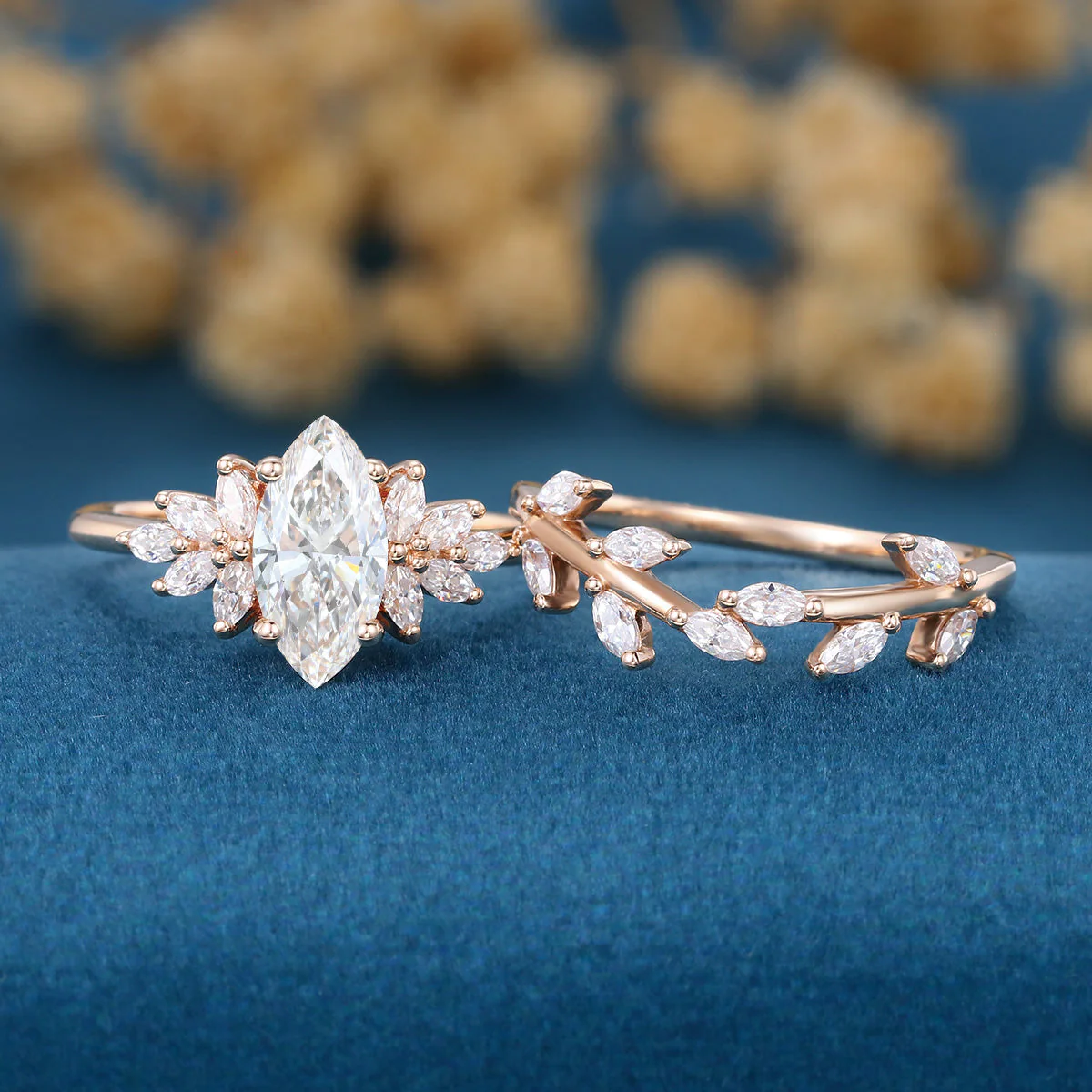Marquise cut Lab-Grown Diamond Engagement ring Rose gold Cluster Diamond Wedding Bridal Set - Image 3