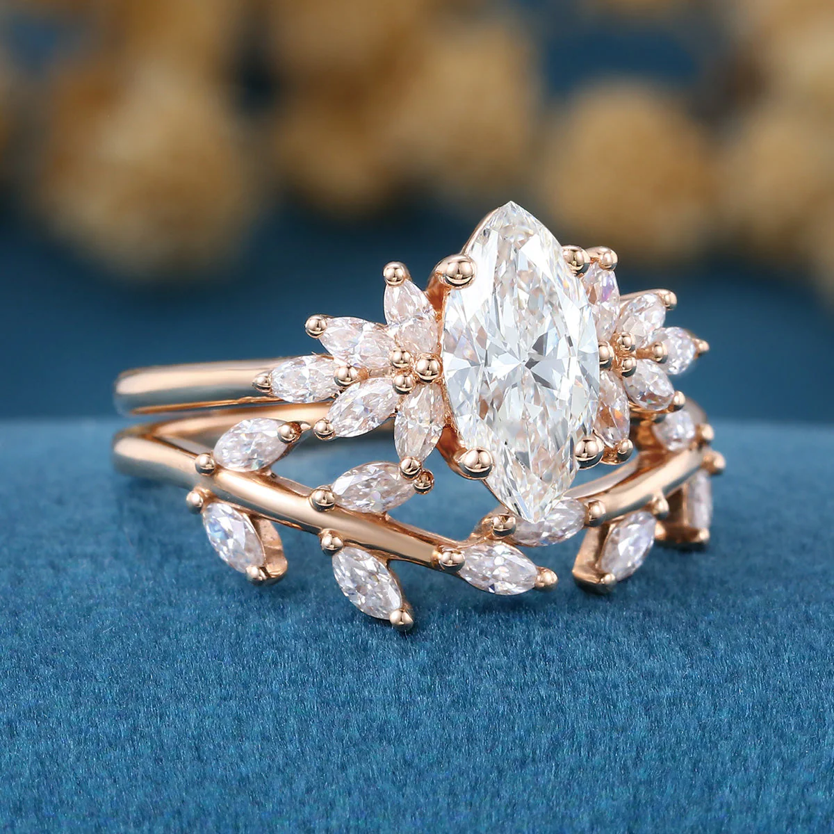 Marquise cut Lab-Grown Diamond Engagement ring Rose gold Cluster Diamond Wedding Bridal Set - Image 4