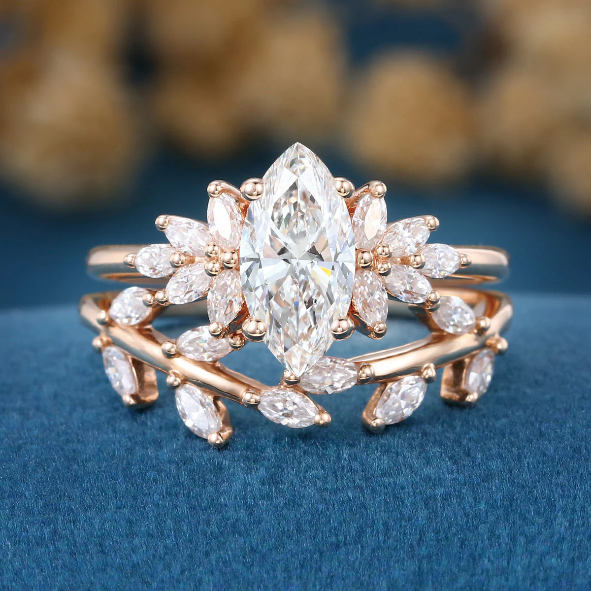 Marquise cut Lab-Grown Diamond Engagement ring Rose gold Cluster Diamond Wedding Bridal Set - Image 5