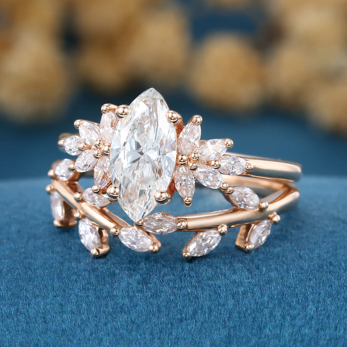 Marquise cut Lab-Grown Diamond Engagement ring Rose gold Cluster Diamond Wedding Bridal Set - Image 6