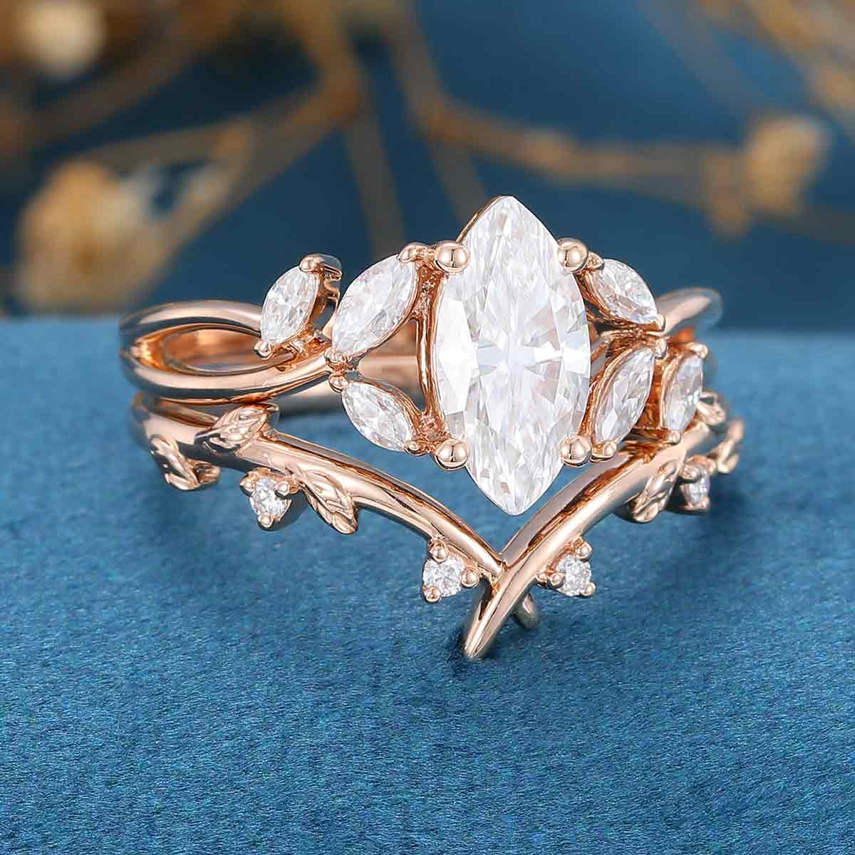 Marquise cut Moissanite Cluster Engagement Bridal Set - Image 4