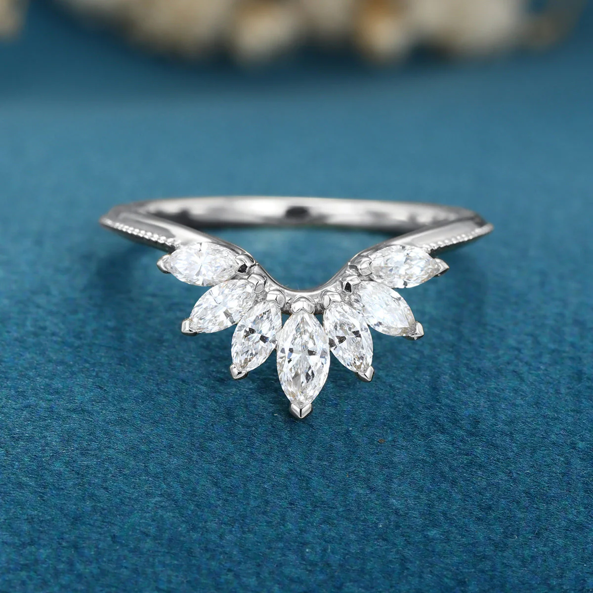 Marquise cut Moissanite Curved Wedding Band - Image 7