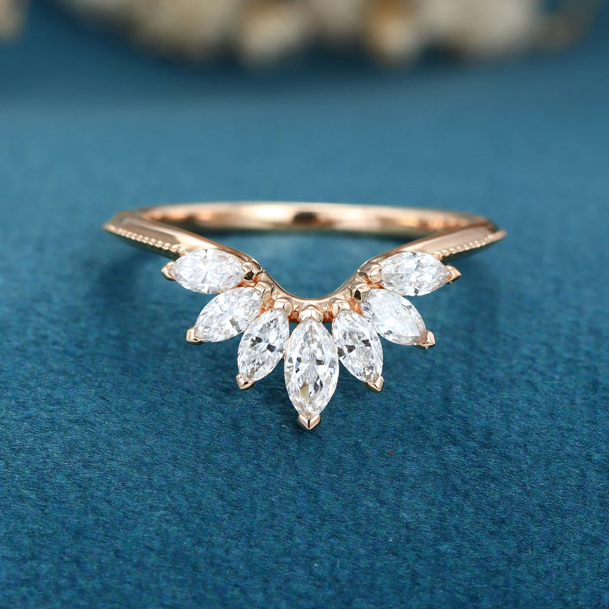 Marquise cut Moissanite Curved Wedding Band - Image 8