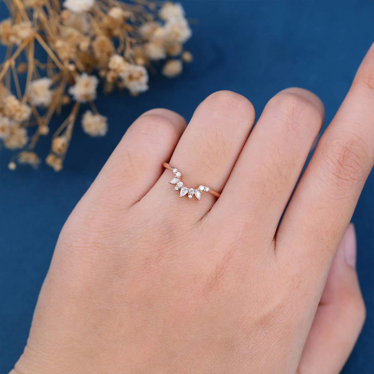 Marquise cut Moissanite | Diamond Curved Wedding Band - Image 2
