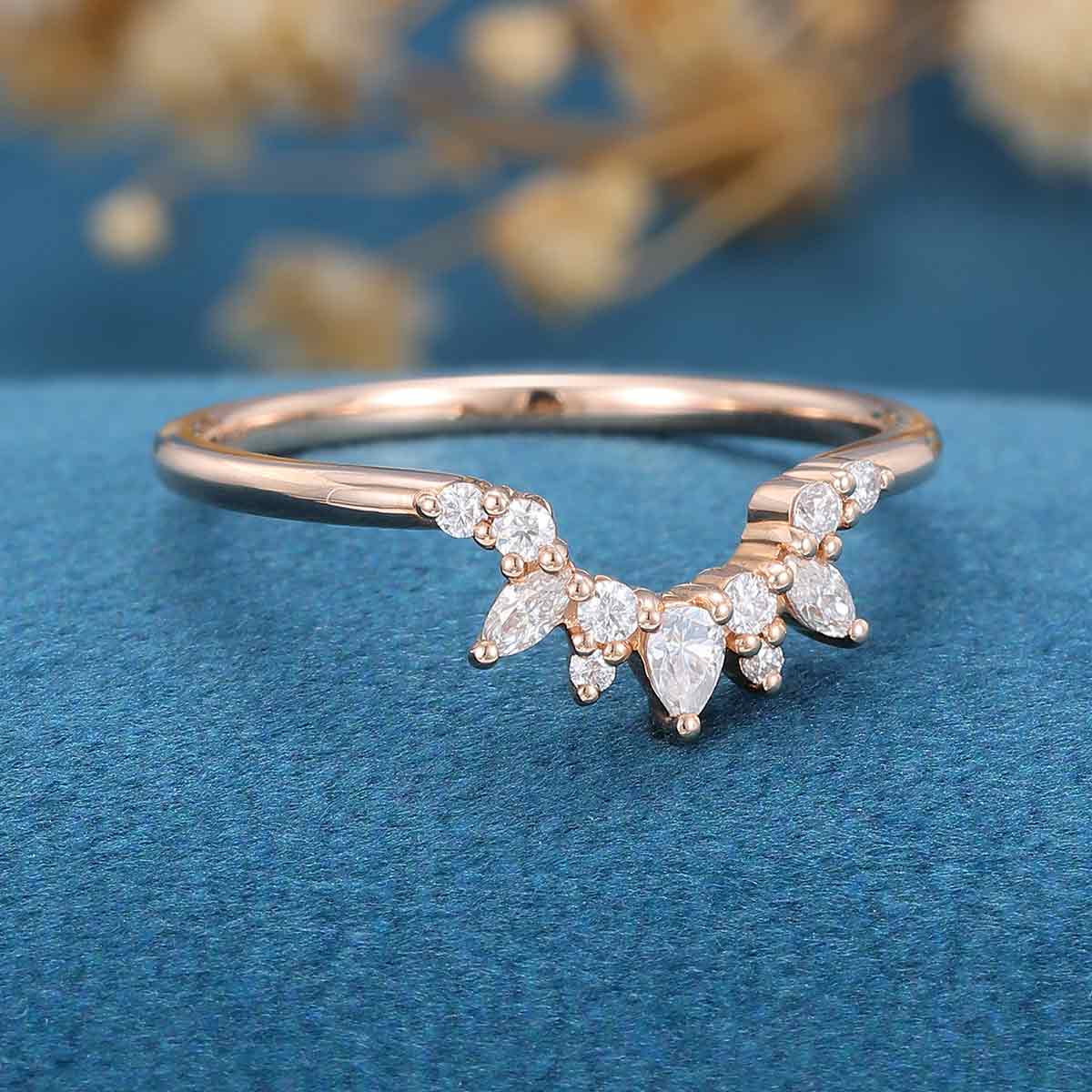 Marquise cut Moissanite | Diamond Curved Wedding Band - Image 3