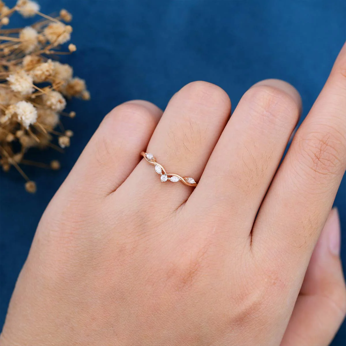Marquise cut Moissanite | Diamond Rose gold Curved Wedding Band - Image 2