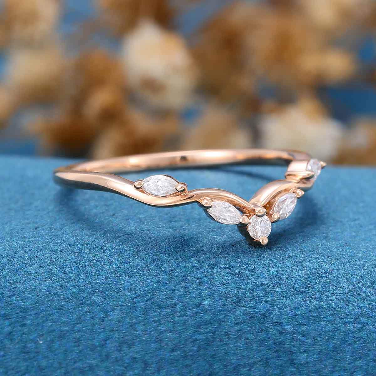 Marquise cut Moissanite | Diamond Rose gold Curved Wedding Band - Image 3